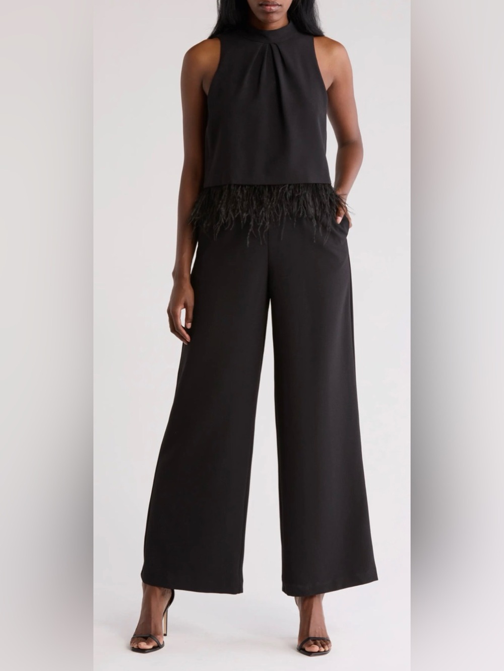 NWT Julia Jordan Feather Trim Sleeveless Black Jumpsuit - Size 2 Chic Minimalist